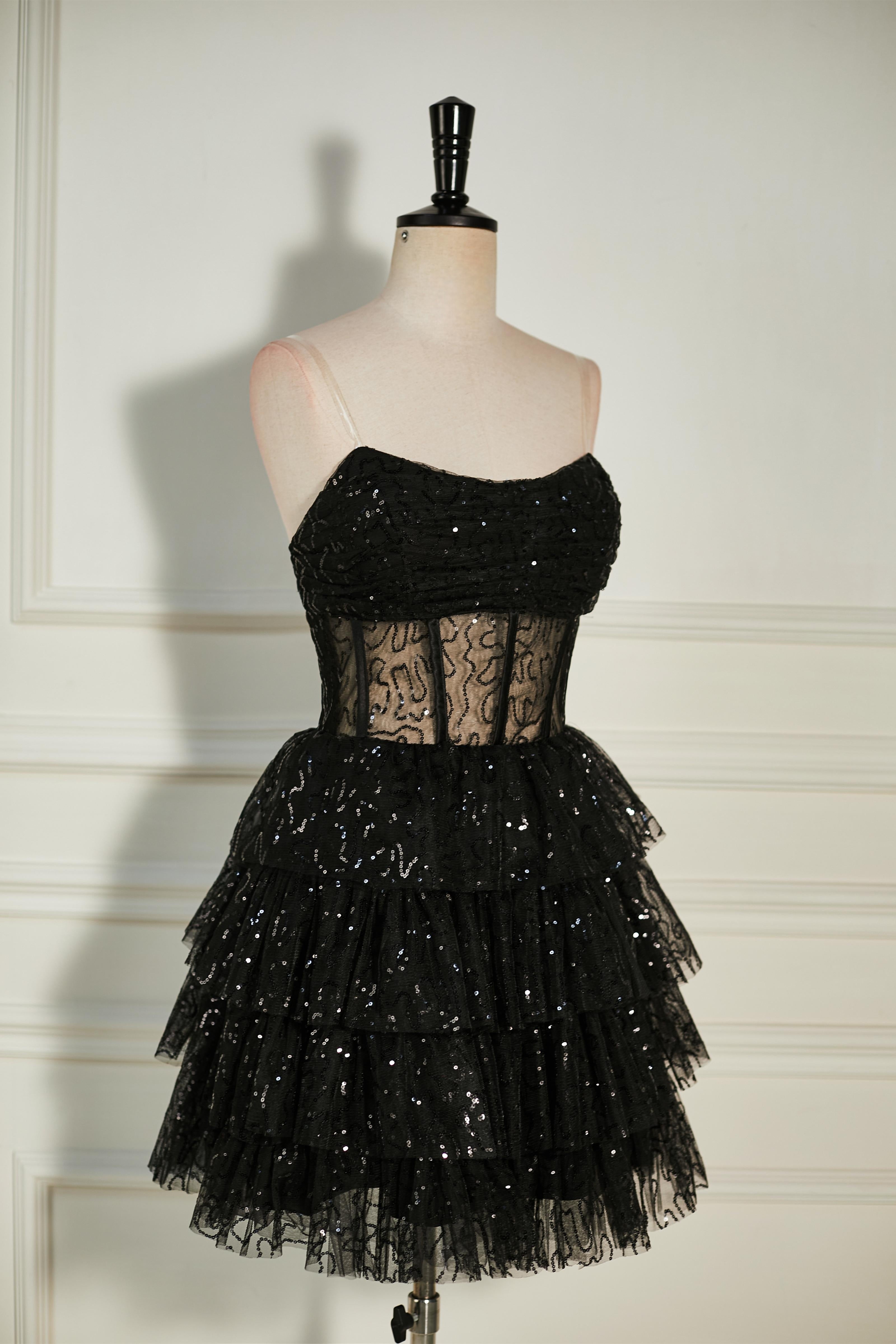 Black Sequined Strapless Multi-Layers Tulle Cocktail Dress