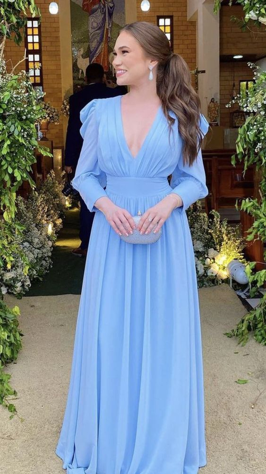 Light Blue Long Sleeves Chiffon Prom Dress Holiday Dresses