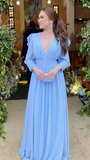 Light Blue Long Sleeves Chiffon Prom Dress Holiday Dresses