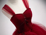 Burgundy sweetheart tulle long prom dress, burgundy evening dress