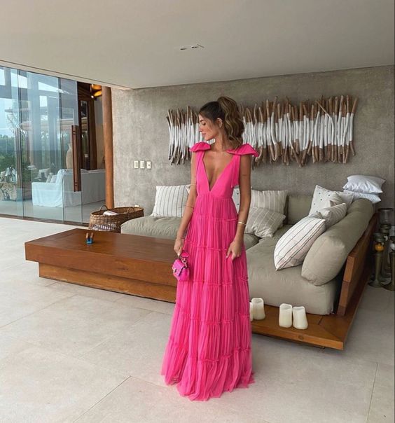 3D Bow A-Line Pink V-Neck Long Prom Dress with Strappy