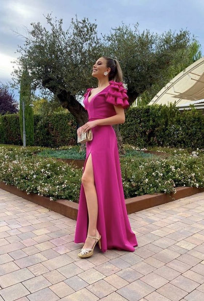 Ruffled Sleeves Prom Dresses Long V Neck Side Leg Slit Satin Gala Formal Dress