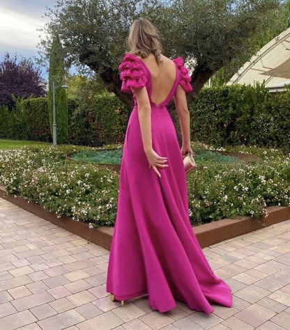 Ruffled Sleeves Prom Dresses Long V Neck Side Leg Slit Satin Gala Formal Dress