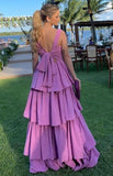 A Line Purple Prom Dresses,Tiered Stretch Satin Evening Dress