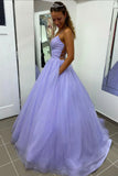 Lavender Tulle Long A-Line Prom Dress,Back Open Dance Dresses with Pockets