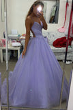Lavender Tulle Long A-Line Prom Dress,Back Open Dance Dresses with Pockets