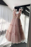 Light Pink Tulle Short Prom Dresses,A-Line Evening Party Dress