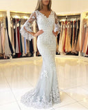 Elegant Puffy Sleeves Lace V-neck Mermaid Prom Evening Dresses,Formal Dress