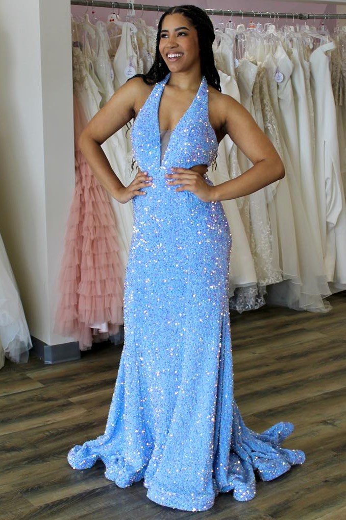 Light Blue Iridescent Sequin Halter Trumpet Long Prom Dress jkprom Light Blue Iridescent Sequin Halter Trumpet Long Prom Dress jkprom