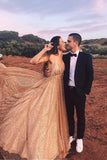 Sparkly Long Prom Dress Spaghetti V Neck Backless Sequin Evening Gown
