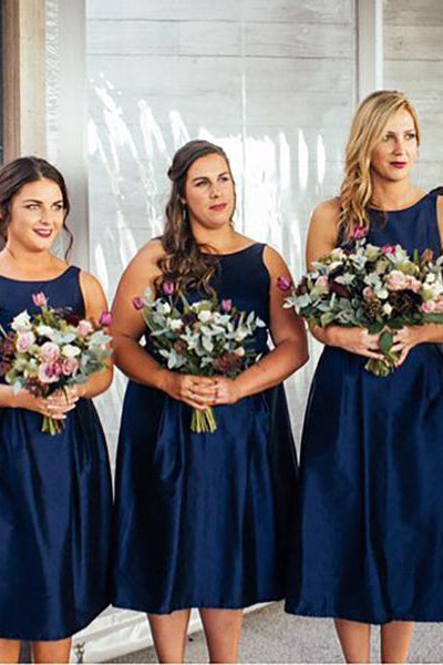 Navy Blue Tea Length Satin A-line Bridesmaid Dress jkprom Navy Blue Tea Length Satin A-line Bridesmaid Dress jkprom