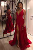 Long Red V-neck Simple Prom Dress,Formal Dresses Red Evening Party Dress With Slit