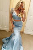 Mermaid V-Neck Sky Blue Two Piece Prom Dress Short Sleeves with Beading