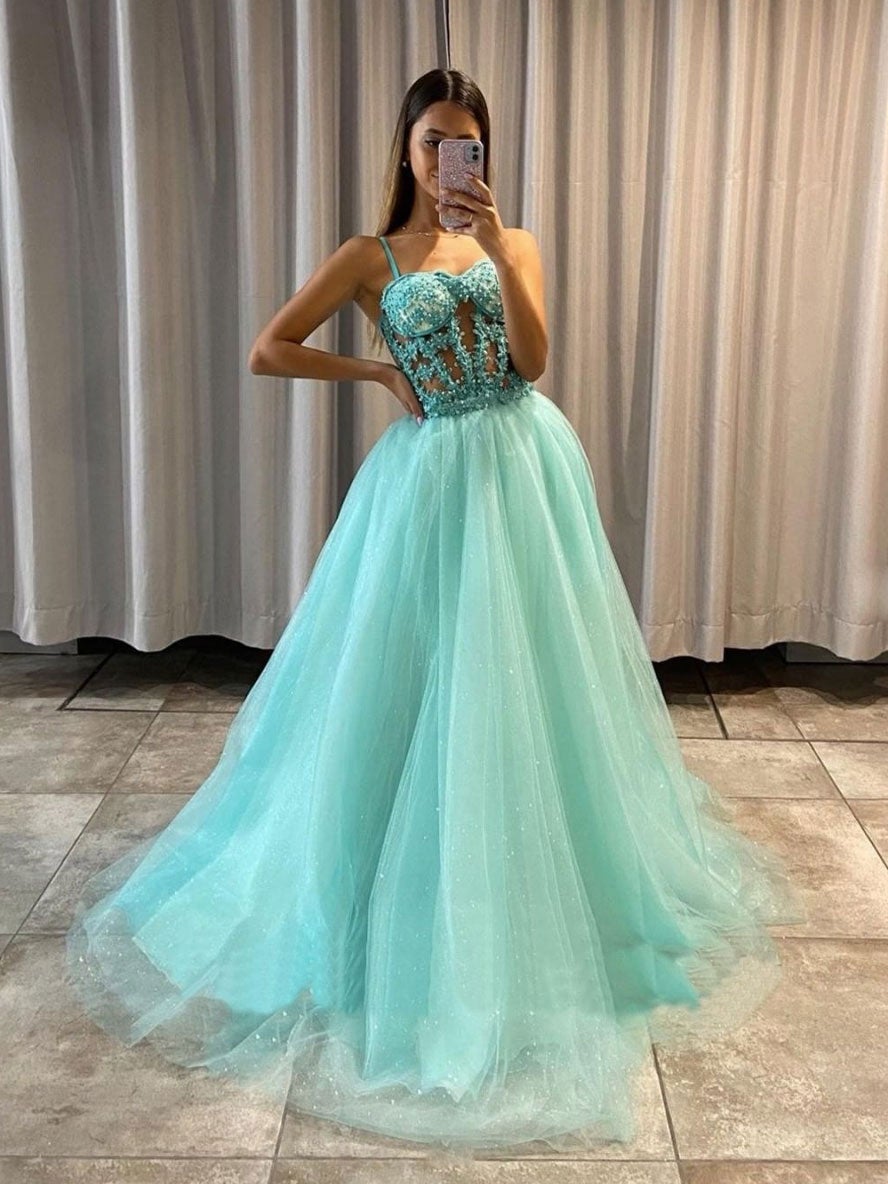 Green A-line tulle lace long prom dress, green tulle lace formal dress