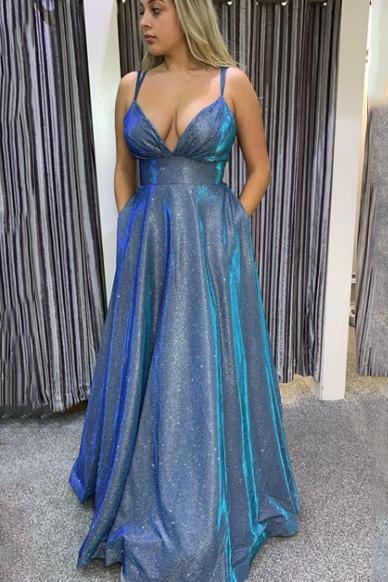 Sparkly Long Prom Dresses With Pockets,Formal Dresses A-line Blue Formal Dress