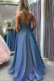 Sparkly Long Prom Dresses With Pockets,Formal Dresses A-line Blue Formal Dress