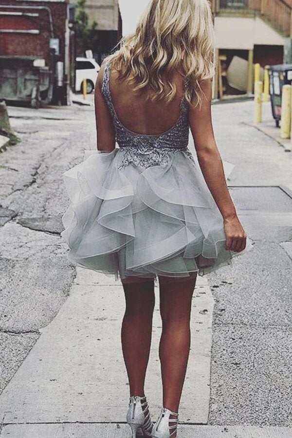 Princess Lace Appliques Dark Green Homecoming Dress with Flounced,Short Prom Dresses