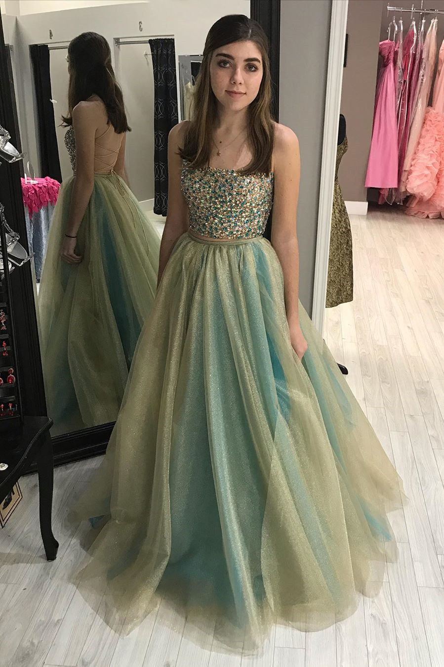 Strapless Beading Long Prom Dress Tulle Spaghetti Backless Formal Gown