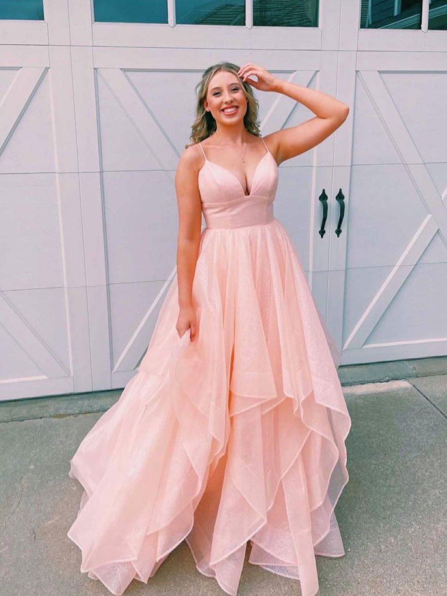 Simple v neck tulle long prom dress pink tulle formal dress
