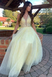 Yellow v neck tulle lace long prom dress yellow formal dress