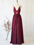 Simple burgundy chiffon lace long prom dresses, cheap women formal evening dress