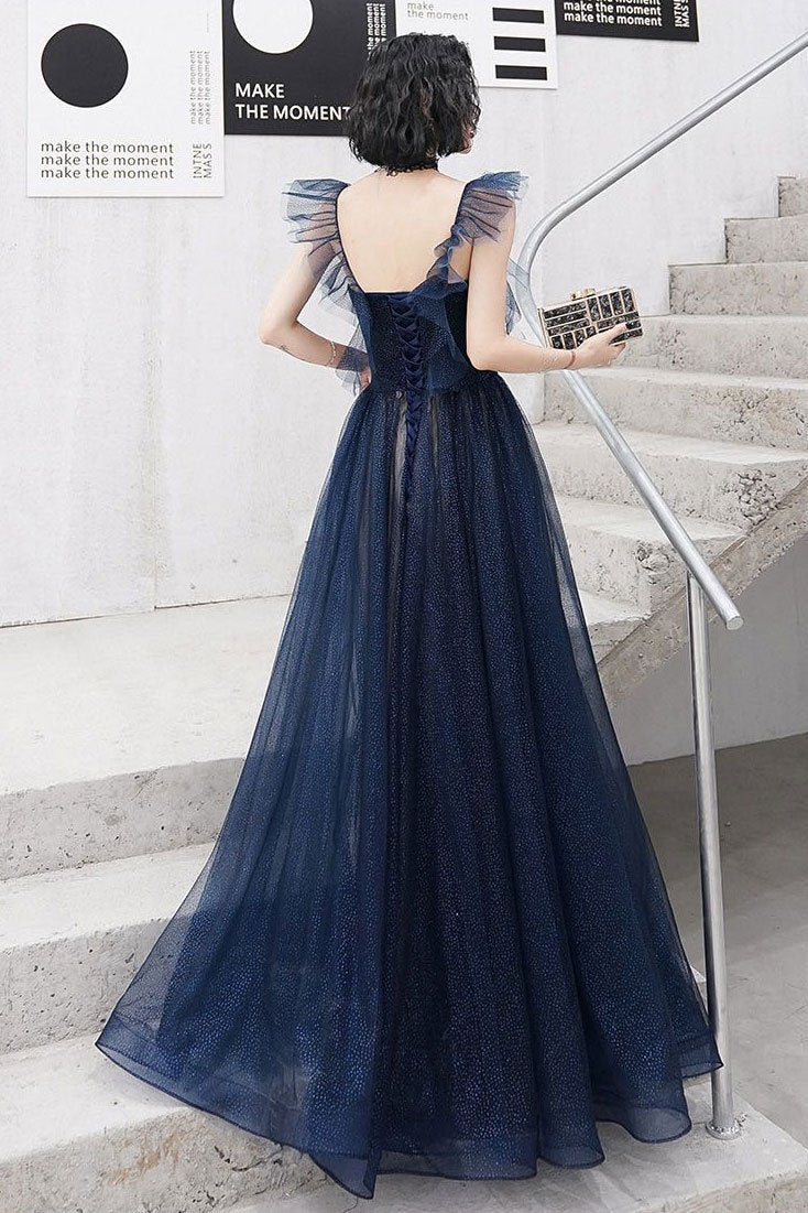 Dark blue sweetheart tulle long prom dress blue tulle formal dress
