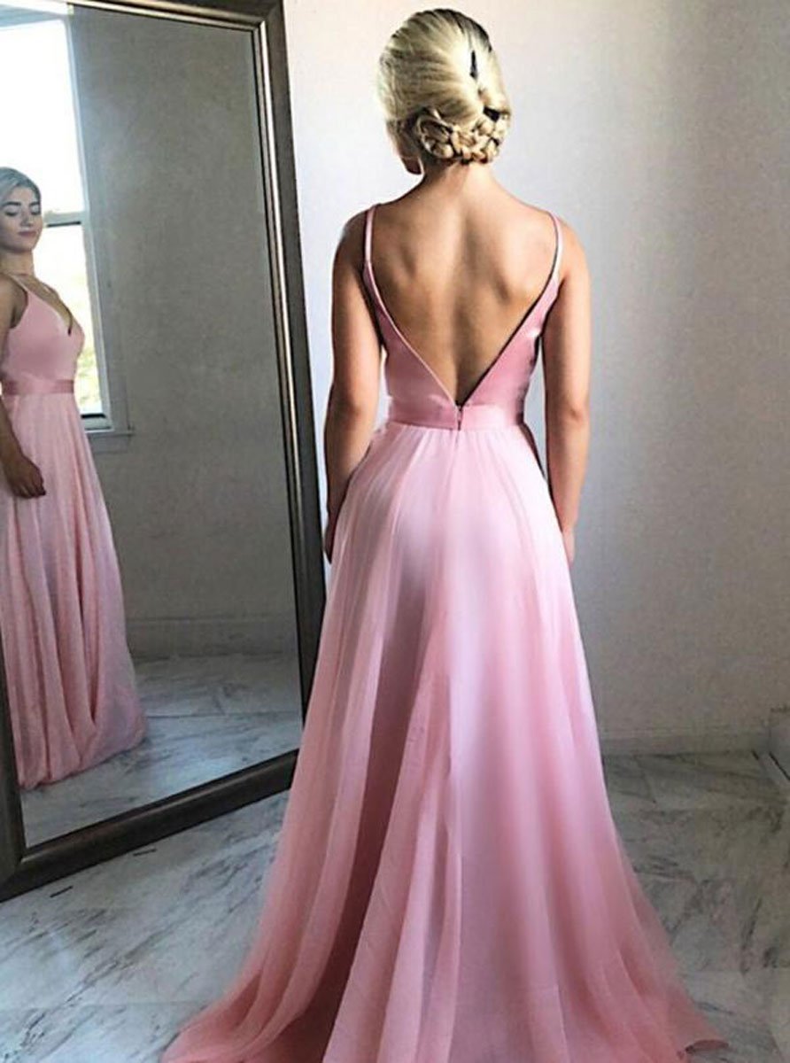 Simple pink chiffon long prom dress,sexy back open formal dresses
