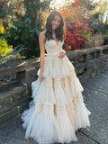 Champagne tulle long prom dress, champagne tulle formal dress