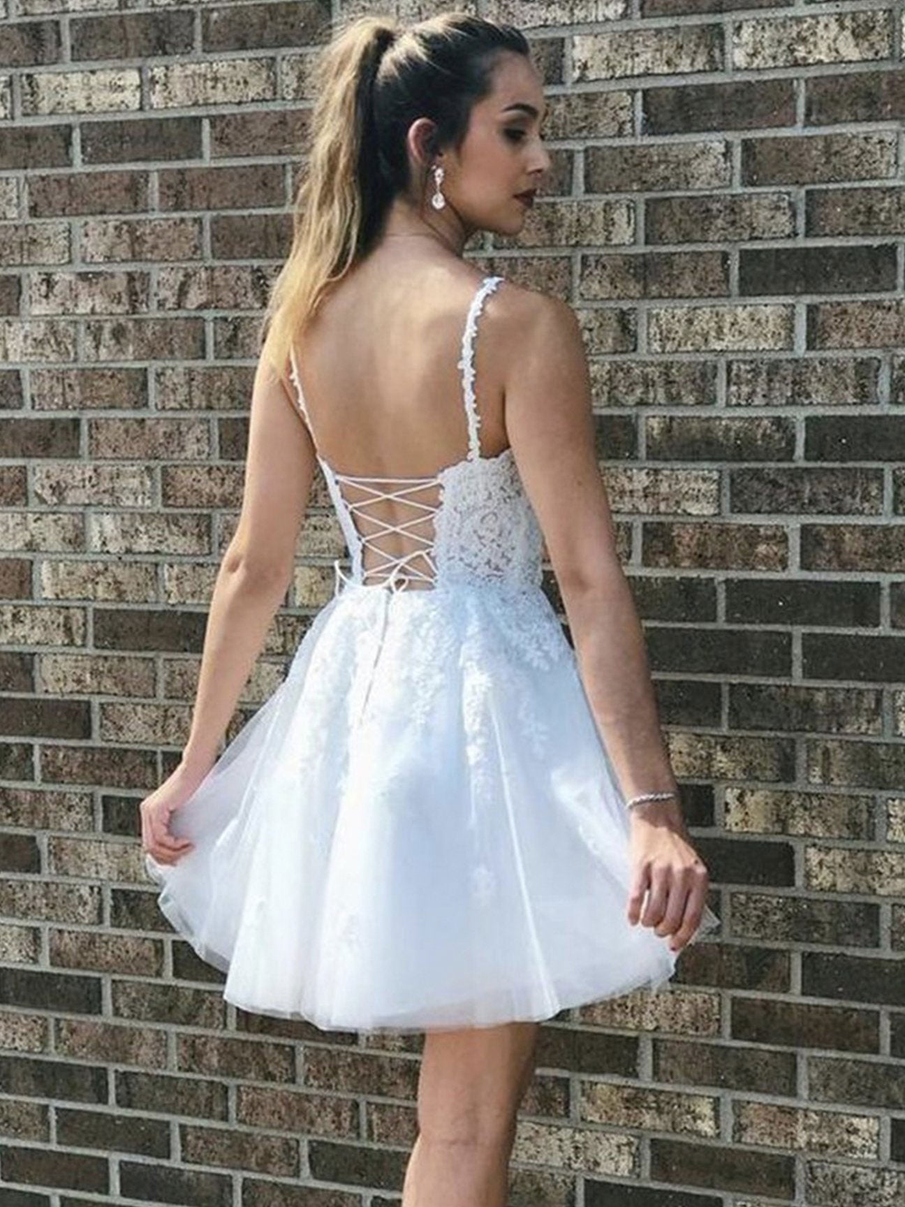 White lace v neck tulle short prom dress, white tulle lace homecoming dress