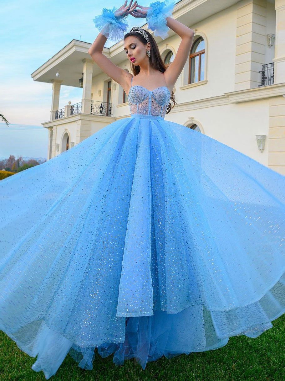 Sparkly Blue sweetheart neck tulle long prom dresses, blue formal party dresses