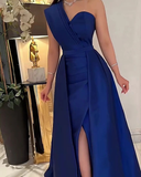 Chic Blue One Shoulder Evening Dress,Long Satin Formal Dresses
