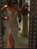 Glittery Mermaid V Neck Prom Dress With Split Back Open