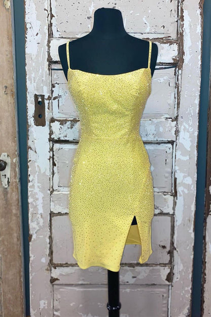 Short Tight Yellow Homecoming Dress,Crystal Semi Formal Dresses jkprom Short Tight Yellow Homecoming Dress,Crystal Semi Formal Dresses jkprom