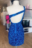 Royal Blue Sequins One-Shoulder Keyhole Mini Homecoming Dresses