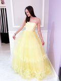 Yellow tulle 3d appliqu¨¦ long prom dress, yellow evening dress