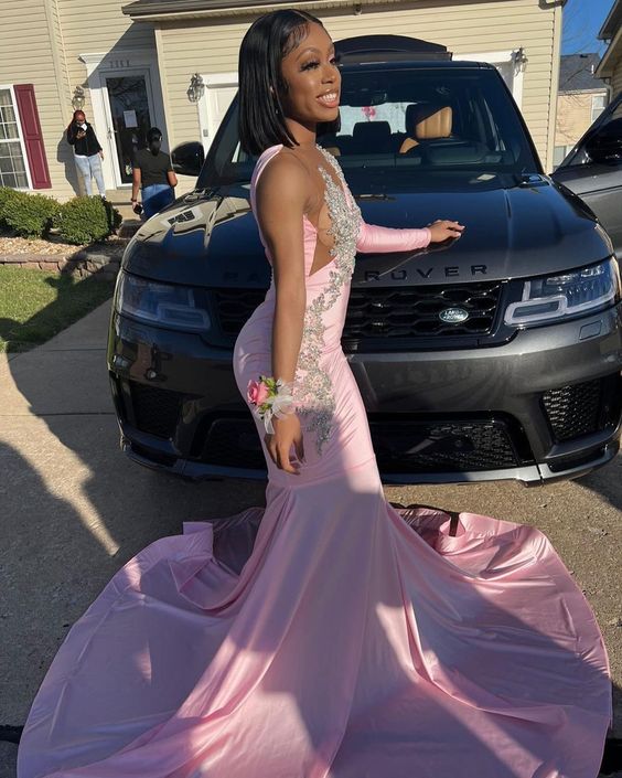 Unique Pink Long Prom Dress Long Sleeve Mermaid Party Gown – jkprom