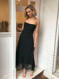 Simple Tea Length Black Chiffon Prom Dress Midi Formal Dress Outfits