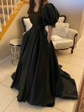 Black Formal Gown,Party Dresses with Pockets A Line Satin Evening Dress