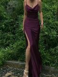 Grape Long Prom Dresses with High Slit,Mermaid Evening Party Dress
