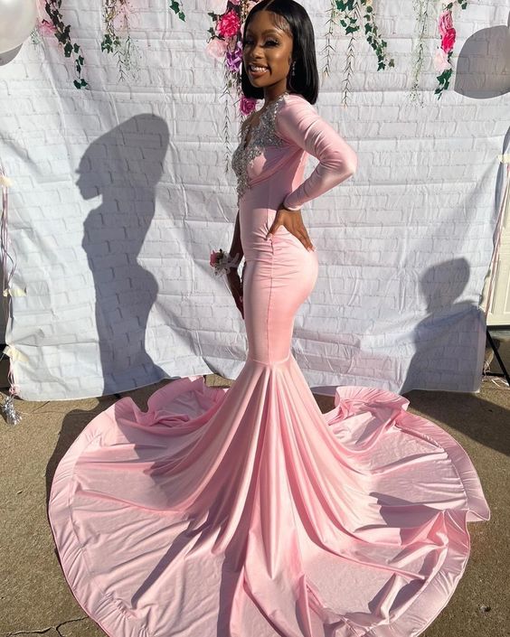 Unique Pink Long Prom Dress Long Sleeve Mermaid Party Gown – jkprom