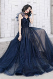 Dark blue sweetheart tulle long prom dress blue tulle formal dress