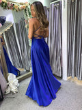 Simple blue satin long prom dress, blue satin evening dress