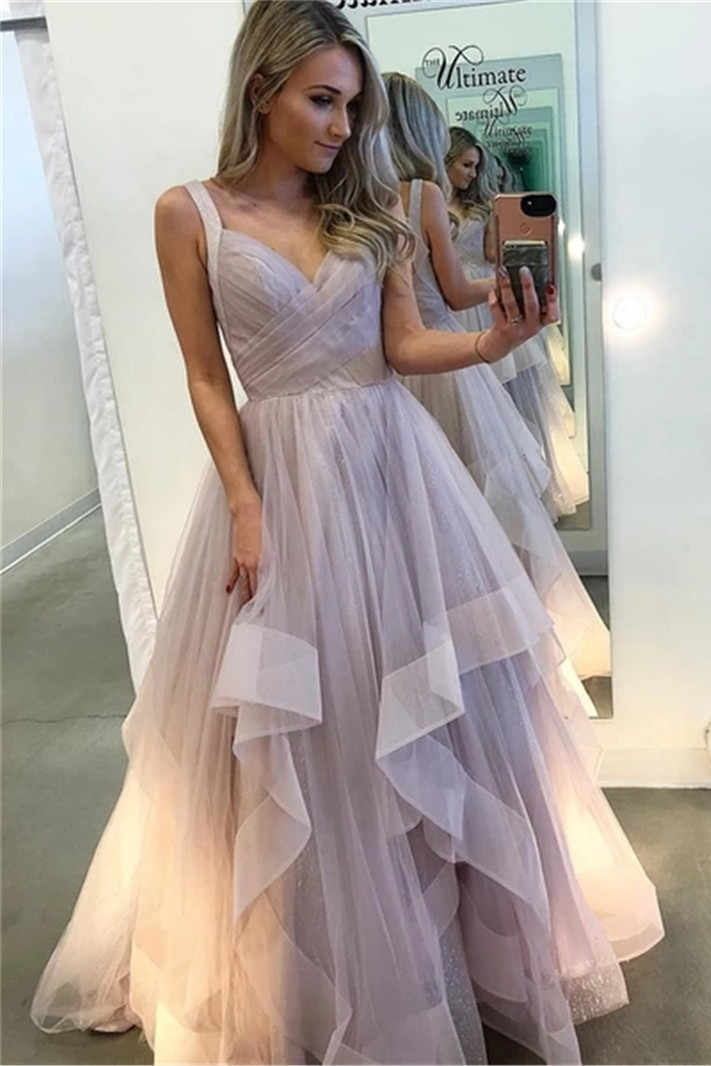 A-line Long Prom Dresses Lavender Tiered Tulle Sleeveless Evening Gown