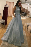 Sparkly Silver Prom Dress A-line Bateau with Pockets Long Pageant Dress