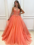Orange tulle lace long prom dress, orange tulle evening dress