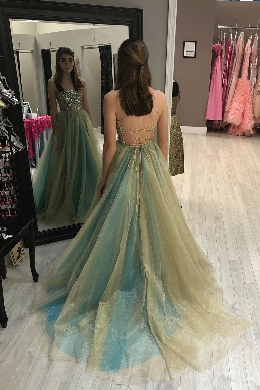 Strapless Beading Long Prom Dress Tulle Spaghetti Backless Formal Gown