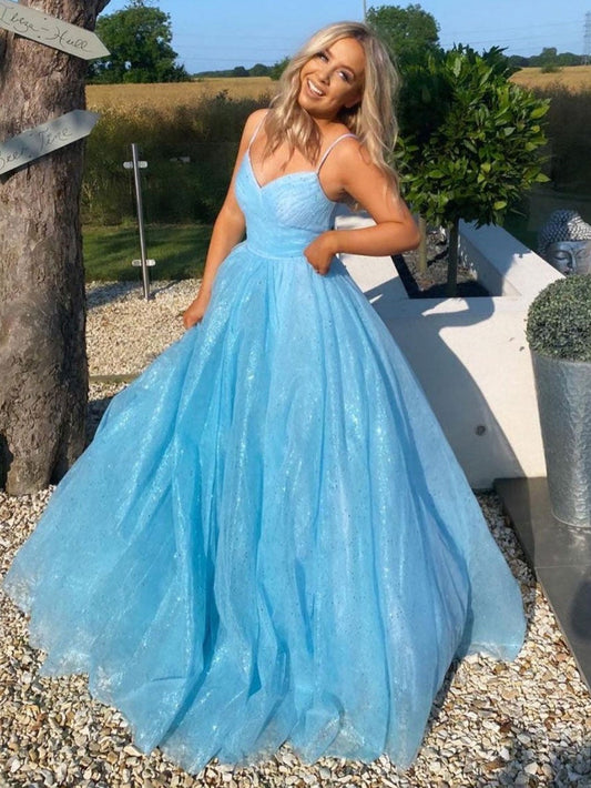 Simple blue tulle sequin long prom dress, blue tulle formal dress