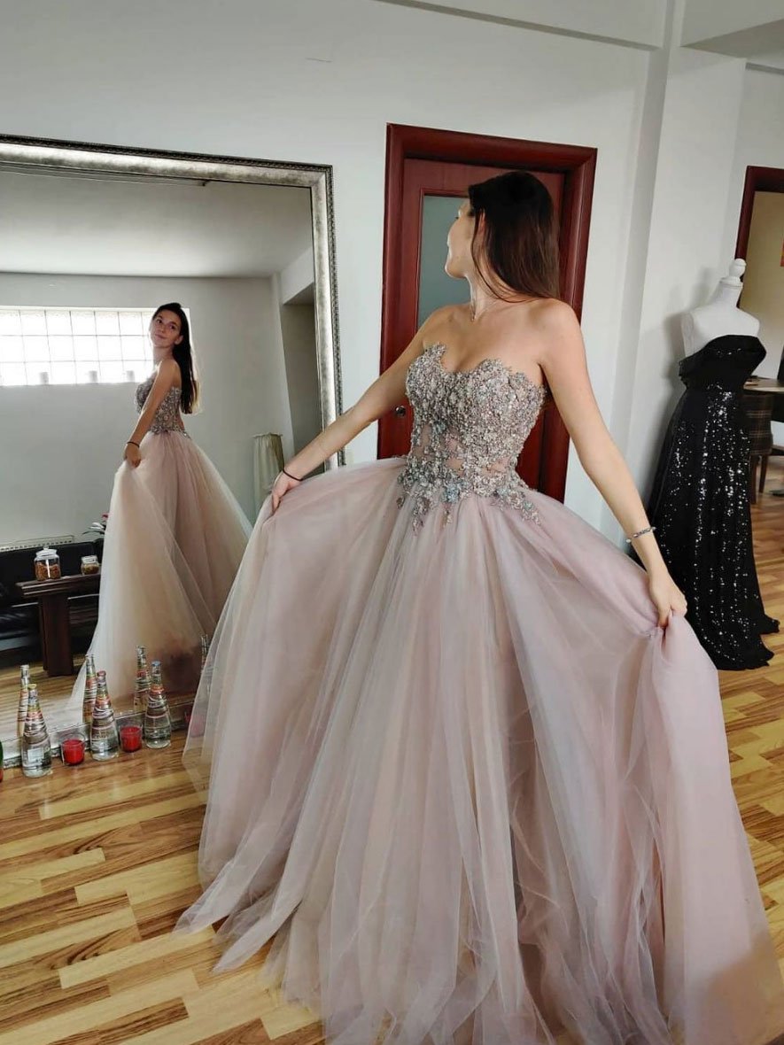 Simple sweetheart neck tulle lace long prom dress, tulle long evening dress
