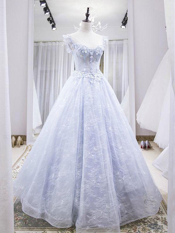 Light purple tulle lace long prom dress, blue evening dress