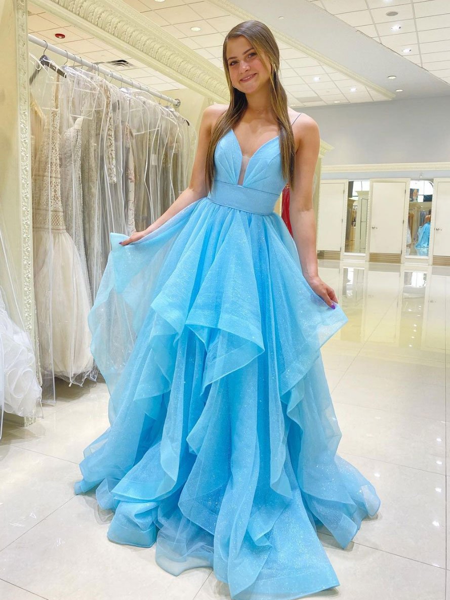 Simple blue v neck tulle long prom dress, blue tulle formal dress